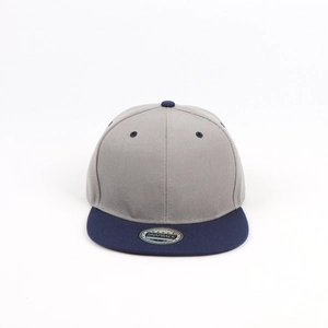 Detailed front view of two-tone snapback hat with silver high quality headwear seal