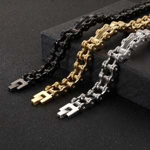 Industrial bike chain bracelets for men in black, gold, and silver stainless steel