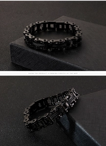 Macro shot of mechanical chain bracelet featuring matte black stainless steel links