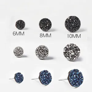 Crystal Cluster Round Stud Earrings With 925 Sterling Silver Earring Post Natural Agate Druzy Jewelry For Men And Women