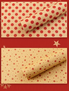 Detail showing vintage kraft gift wrapping paper with red dots and star patterns
