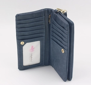 Detailed interior of dark blue long wallet showing multiple card slots and zipper pocket