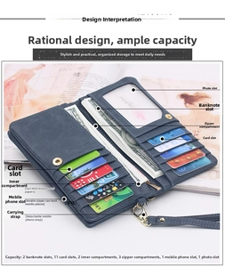 Detailed interior view of blue folding women wallet with card slots and wrist strap