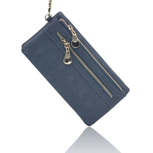 Vintage long multi-functional faux suede wallet with dual gold zippers in dark blue