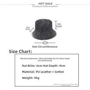 Size chart showing 58cm circumference and 6cm brim dimensions for the black PU bucket hat