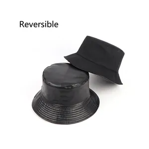 Reversible Bucket Hat PU Leather And Cotton Canvas Waterproof Sun Protection Windproof Solid Black Fisherman Cap Unisex