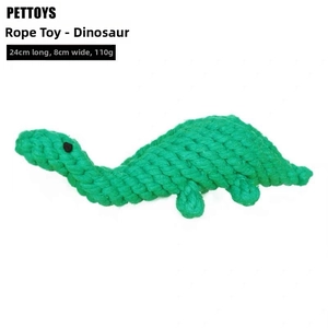 Durable green cotton rope pet toy in dinosaur shape, size 24cm by 8cm, weight 110g