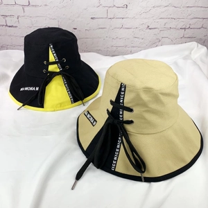 Chapeau Bob En Coton Bloc De Couleur Unisexe Avec Cordon Imprimé Lettres Nœud Réglable Pare-Soleil Pêcheur Streetwear