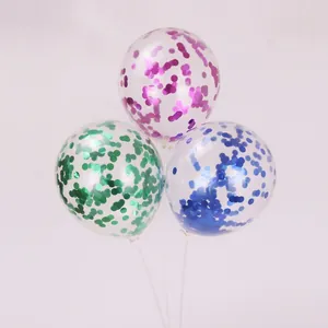 Set of three transparent latex balloons filled with colorful round sequins on clear sticks