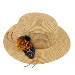 Wide brim straw sun hat with yellow flower and black leaf embroidery for beach vacations