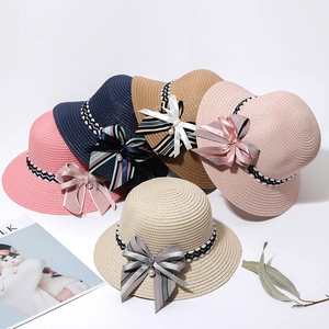 Women Girls Straw Bucket Hat With Ribbon Bow Pearl Decoration Summer Sun Protection Woven Beach Vacation Travel Hat