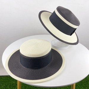 French Retro Boater Straw Hat Flat Top Wide Brim Patchwork Color Ribbon Bow Sunshade For Women Summer Beach Vacation