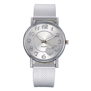 Women's fashion watch with heart-patterned dial and silver Milanese mesh strap