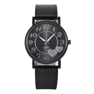 Women's black quartz watch with mesh strap and sparkling silver heart dial design