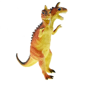 Nahaufnahme eines zweiköpfigen gelben Dinosaurier-Spielzeugs mit roten Farbverläufen