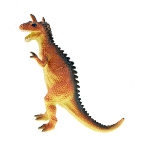 Detailansicht der Carnotaurus-Figur mit orangefarbenen Schuppen und blauen Augen auf Weiß