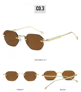 Detail view of gold metal octagonal rimless sunglasses with brown lenses and textured temples
