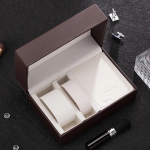 Luxury deep brown leather watch box with beige velvet interior for two watches and jewelry