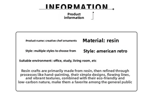 Detailed information panel for resin chef figurines showing American retro style specs