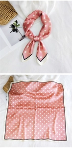 Pink polka dot silk square scarf showing both tied style and flat unfolded layout