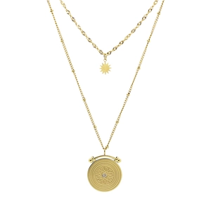 Double-layered 18K gold plated stainless steel necklace with sun and mandala pendants