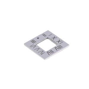 Square silver stainless steel pendant with hollow roman numeral engravings on white background