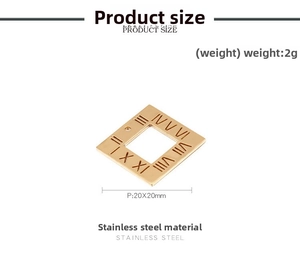 Detailed view of square gold stainless steel pendant featuring engraved Roman numerals