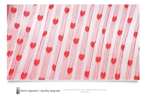 Close-up of pink heart-shaped string curtain with polyester texture and woven detail
