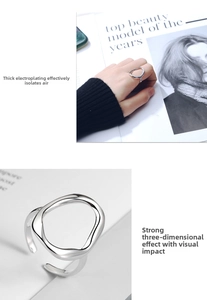 Detail of silver irregular geometric open ring showing thickened electroplating finish