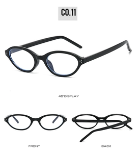 Affichage en trois vues de lunettes de soleil ovales noires avec revêtement bleu réfléchi