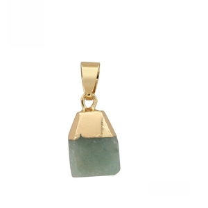 Detail of a natural green aventurine crystal pendant with a sleek gold-tone metal clasp