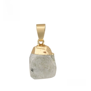 Close-up of a natural green prehnite stone pendant with a gold-plated metal rim