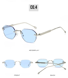 Three-angle display of rimless octagonal sunglasses with light blue lenses and silver frames