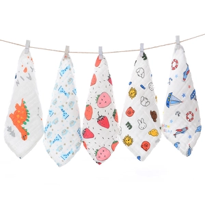 Set of 5 six-layer cotton baby towels with diverse cute cartoon animal patterns