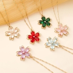 Cherry Blossom Flower Pendant Necklace Colorful Crystal Copper Fashion Jewelry For Women Elegant