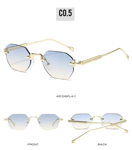 Three perspectives of rimless hexagonal sunglasses with gradient blue-yellow lenses