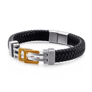 Men Braided Leather Bracelet With 316L Stainless Steel Geometric Spliced Magnetic Clasp Retro Punk Fashion Jewelry