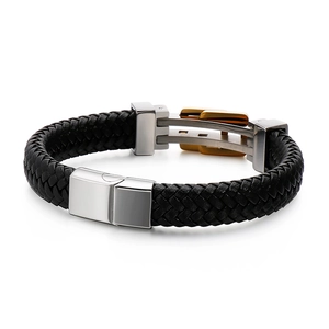 Men's vintage black woven leather bracelet with gold and silver magnetic steel clasp