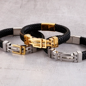 Men's woven leather bracelet with polished gold and silver stainless steel buckles