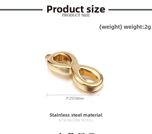 Detailed view of 22x8mm gold stainless steel infinity symbol pendant charm with weight info