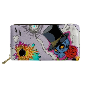 Detailed view of skull and red roses punk print on long PU leather zip-around wallet