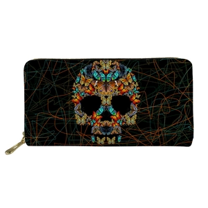 Detail of long PU leather wallet featuring colorful butterfly skull pattern on black