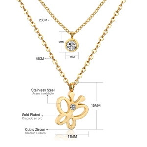 Detail view of gold-plated stainless steel butterfly and cubic zirconia pendant sizes