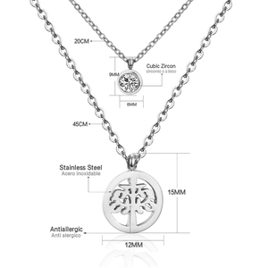Detail of stainless steel anti-allergic necklaces with Tree of Life and cubic zirconia