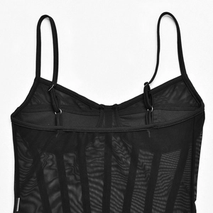 Detail view of black mesh bodysuit with boning structure and adjustable straps
