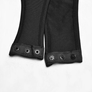 Detailed close-up of three metal snap buttons on black ribbed fabric bodysuit gusset