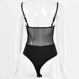 Detail of sexy backless black bodysuit with sheer mesh panels on a white mannequin