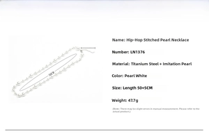 Detail showing the spliced titanium steel chain and imitation pearl necklace dimensions