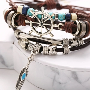 Multilayer leather bracelet with turquoise beads, silver anchor and feather charms