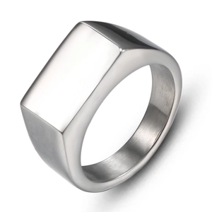 Polished silver stainless steel square signet ring for men with a minimalist flat top